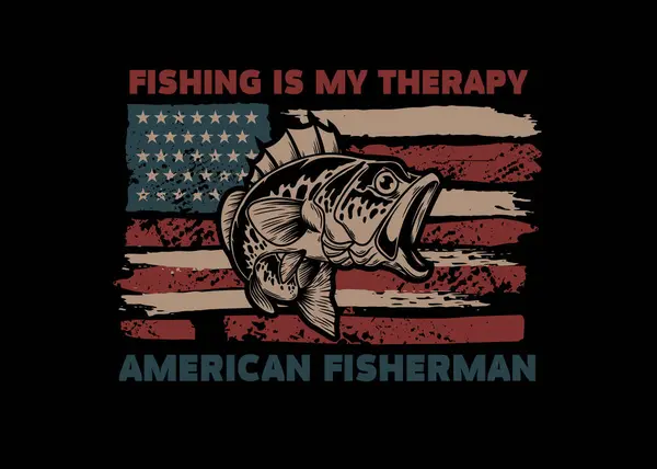 Рыбалка Моя Терапия Американский Флаг Изображением Бас Рыбы Элемент Дизайна — стоковый вектор