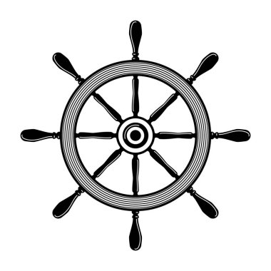 Geminin direksiyon simidinin tek renkli hali gibi. Logo, etiket, işaret, amblem, poster tasarımı. Vektör illüstrasyonu