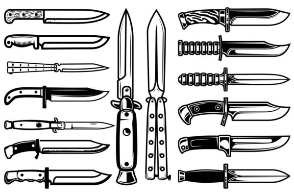 Big set of combat knives in monochrome style. Design element for logo, label, sign, poster. Vector illustration