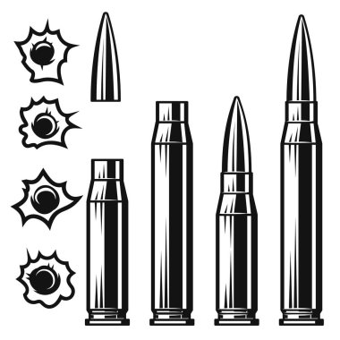 Klasik monokrom tarzında saldırı tüfeği mermileri. Bir dizi kurşun deliği. Logo, etiket, işaret, amblem, poster tasarımı. Vektör illüstrasyonu