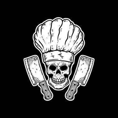 Şef kafatası ve et satırlarının resmi. Logo, etiket, işaret, amblem için tasarım ögesi. Vektör illüstrasyonu