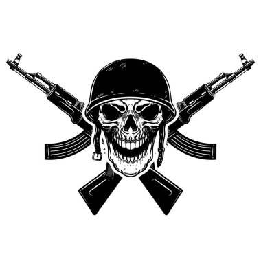 Askeri miğferli asker kafatası tasviri ve Rus saldırı tüfekleri. Logo, etiket, işaret, amblem için tasarım ögesi. Vektör illüstrasyonu