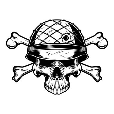 Askeri miğferde kemikleri çaprazlanmış asker kafatası tasviri. Logo, etiket, işaret, amblem için tasarım ögesi. Vektör illüstrasyonu