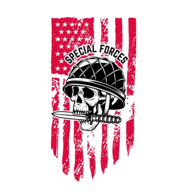 Amerikan bayraklı arka planda bıçaklı askeri miğferli kafatası tasviri. Logo, etiket, işaret, poster için tasarım elemanı. Vektör illüstrasyonu