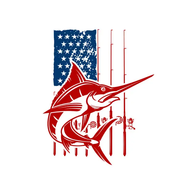 Bendera Amerika Dengan Ilustrasi Ikan Pedang Unsur Desain Untuk Poster - Stok Vektor