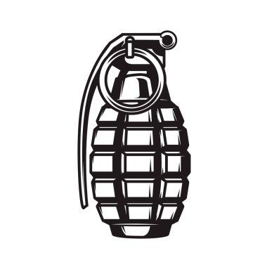 Monokrom tarzında el bombası tasviri. Logo, etiket, işaret, amblem için tasarım ögesi. Vektör illüstrasyonu