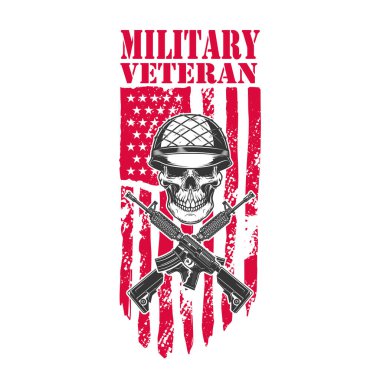 Askeri emektar. Amerikan bayraklarında çapraz saldırı tüfekleri olan ordu kasklı bir kafatası. Logo, etiket, işaret, amblem için tasarım ögesi. Vektör illüstrasyonu