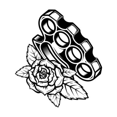 Pirinç muşta ve güllerin çizimi. Logo, etiket, işaret, amblem için tasarım ögesi. Vektör illüstrasyonu