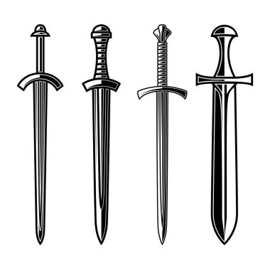 Ortaçağ kılıçlarının çizimleri. Logo, etiket, işaret, amblem, pankart için tasarım ögesi. Vektör illüstrasyonu