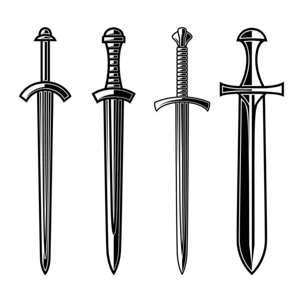 Set of illustrations of medieval swords. Design element for logo, label, sign, emblem, banner. Vector illustration