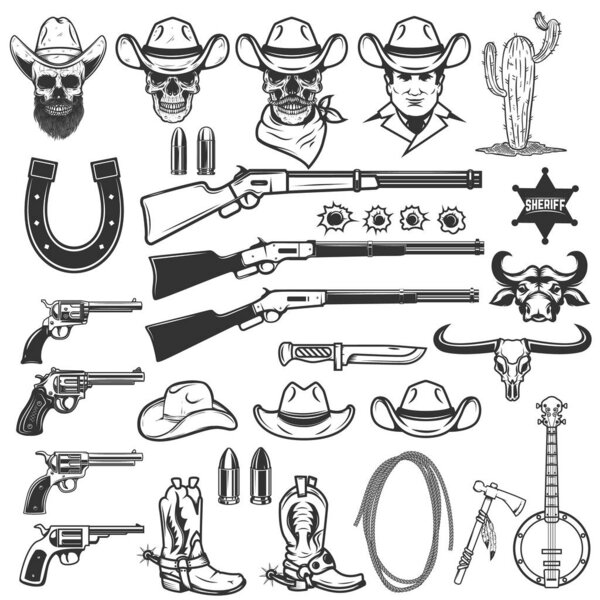 Wild West design elements. Cowboy weapon, hat, boots, lasso, cowboy skull. Design element for logo, label, sign, emblem. Vector illustration