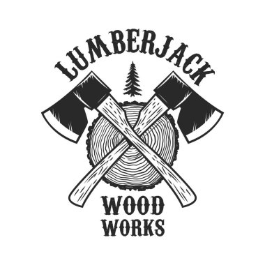 Oduncu ahşap çalışıyor. Ahşap arka planda çapraz oduncu baltaları. Logo, etiket, işaret, poster için tasarım elemanı. Vektör illüstrasyonu