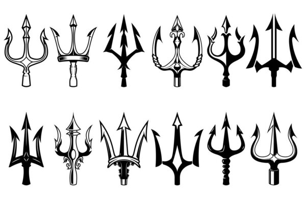 Set of illustrations of trident. Neptune trident. Design element for logo, label, sign, poster. Vector illustration