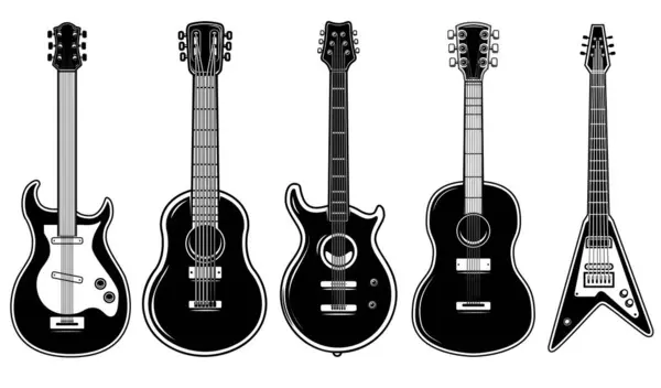 Set Ilustrasi Gitar Terisolasi Pada Latar Belakang Putih Unsur Desain - Stok Vektor