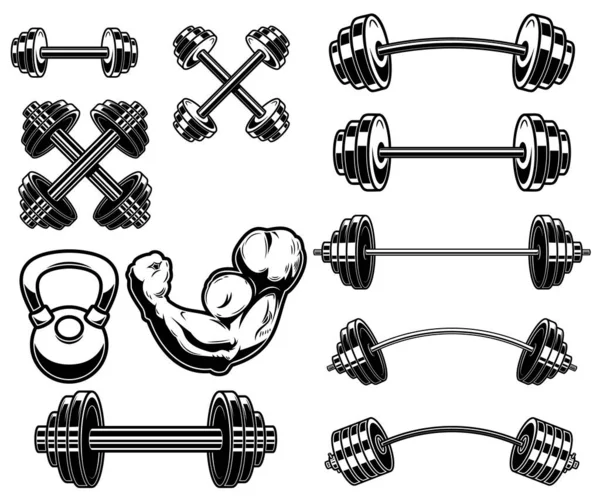 Set Ilustrasi Angkat Besi Barbel Dan Dumbell Unsur Desain Untuk - Stok Vektor