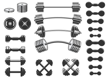 Ağırlık kaldırma halterleri ve dambılların çizimleri. Logo, etiket, işaret, amblem, pankart için tasarım ögesi. Vektör illüstrasyonu