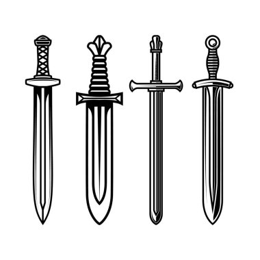 Ortaçağ kılıçlarının çizimleri. Poster, kart, pankart, amblem ve imza için tasarım öğesi. Vektör illüstrasyonu