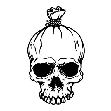 Kafatası şeklindeki para çantasının tasviri. Poster, kart, pankart ve tişört için tasarım elemanı. Vektör illüstrasyonu