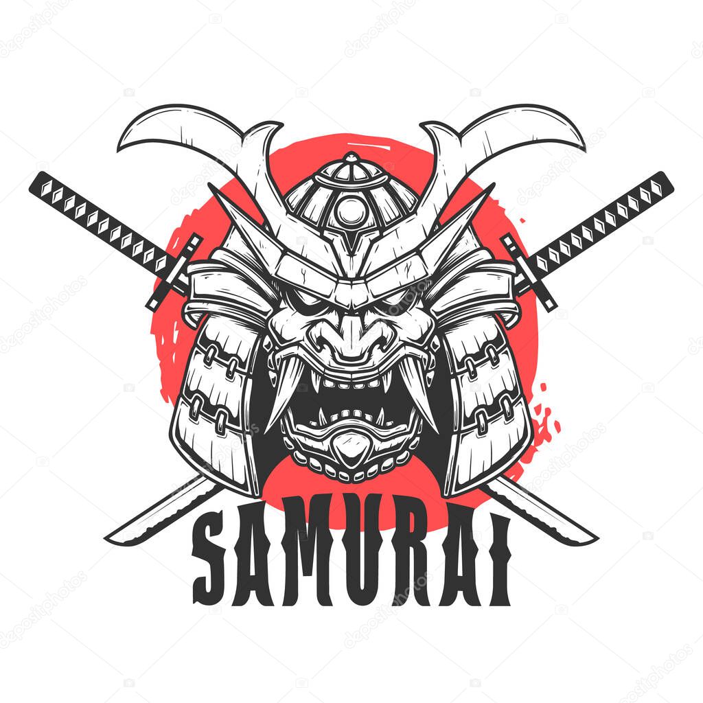 Samurai helmet with crossed swords. Design element for poster, card, banner, t shirt. Vector illustration