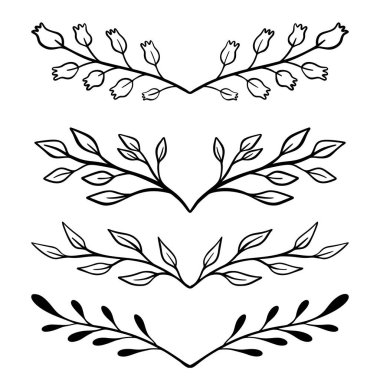 El çizimi çiçek dalları. Çiçek metin ayırıcıları. Tebrik kartı, tişört ve poster için tasarım elemanı. Vektör illüstrasyonu