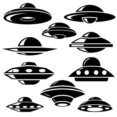 Bir dizi UFO simgesi. Poster, kart, pankart, imza için tasarım elemanı. Vektör illüstrasyonu
