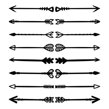 El çizilmiş oklar. Çiçek metin ayırıcıları. Tebrik kartı, tişört ve poster için tasarım elemanı. Vektör illüstrasyonu