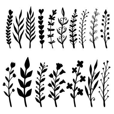 El çizimi çiçek dalları ve serpilmeler. Çiçek metin ayırıcıları. Tebrik kartı, tişört ve poster için tasarım elemanı. Vektör illüstrasyonu
