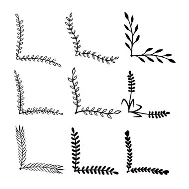 Çiçek desenli el çizimleri. Çiçek metin ayırıcıları. Tebrik kartı, tişört ve poster için tasarım elemanı. Vektör illüstrasyonu