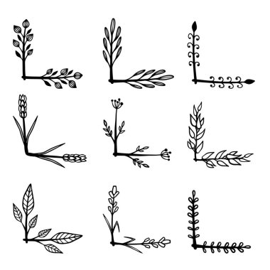 Çiçek desenli el çizimleri. Çiçek metin ayırıcıları. Tebrik kartı, tişört ve poster için tasarım elemanı. Vektör illüstrasyonu