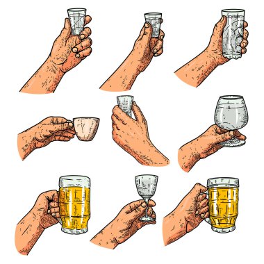 İçki bardaklarıyla insan eli çizimleri. Tebrik kartı, tişört ve poster için tasarım elemanı. Vektör illüstrasyonu