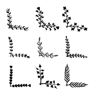 Çiçek desenli el çizimleri. Çiçek metin ayırıcıları. Tebrik kartı, tişört ve poster için tasarım elemanı. Vektör illüstrasyonu