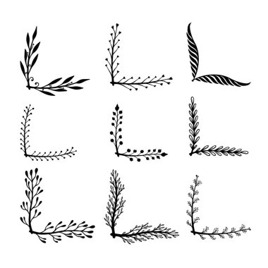 Çiçek desenli el çizimleri. Çiçek metin ayırıcıları. Tebrik kartı, tişört ve poster için tasarım elemanı. Vektör illüstrasyonu