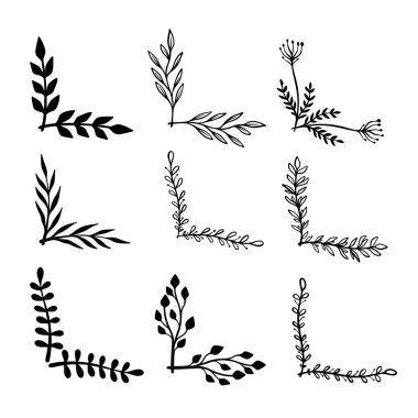 Çiçek desenli el çizimleri. Çiçek metin ayırıcıları. Tebrik kartı, tişört ve poster için tasarım elemanı. Vektör illüstrasyonu