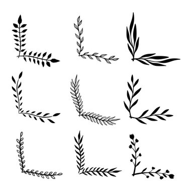 Çiçek desenli el çizimleri. Çiçek metin ayırıcıları. Tebrik kartı, tişört ve poster için tasarım elemanı. Vektör illüstrasyonu