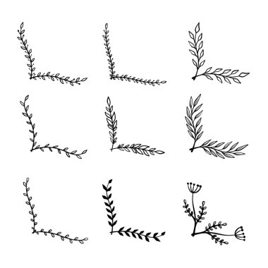 Çiçek desenli el çizimleri. Çiçek metin ayırıcıları. Tebrik kartı, tişört ve poster için tasarım elemanı. Vektör illüstrasyonu