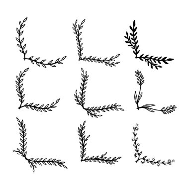 Çiçek desenli el çizimleri. Çiçek metin ayırıcıları. Tebrik kartı, tişört ve poster için tasarım elemanı. Vektör illüstrasyonu