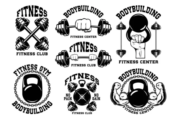 Conjunto Emblemas Clube Fitness Modelo Emblema Com Halteres Cruzados Elemento — Vetor de Stock
