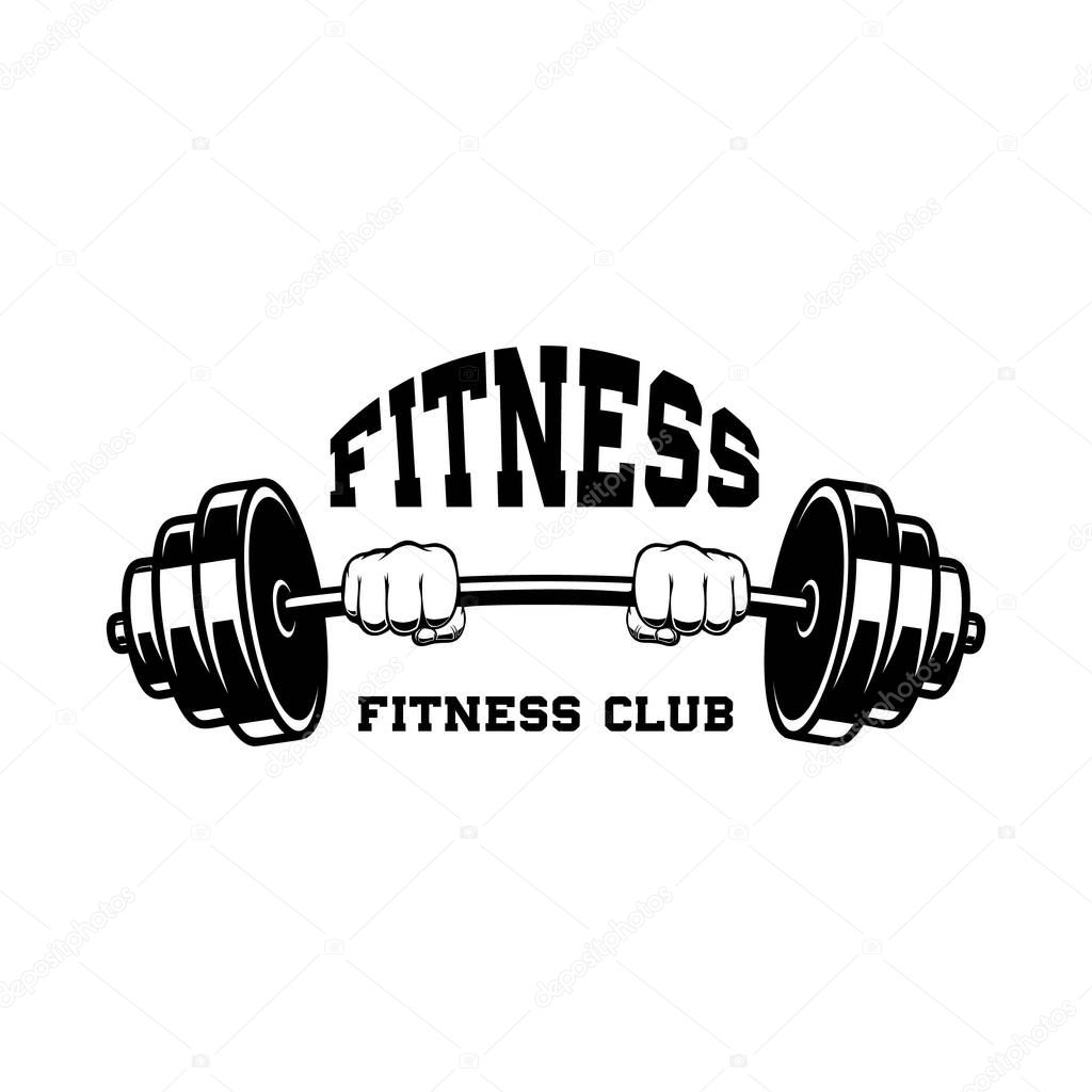 Fitness. Emblem template with hand with barbell. Design element for logo, label, sign, poster, t shirt. Vector illustration