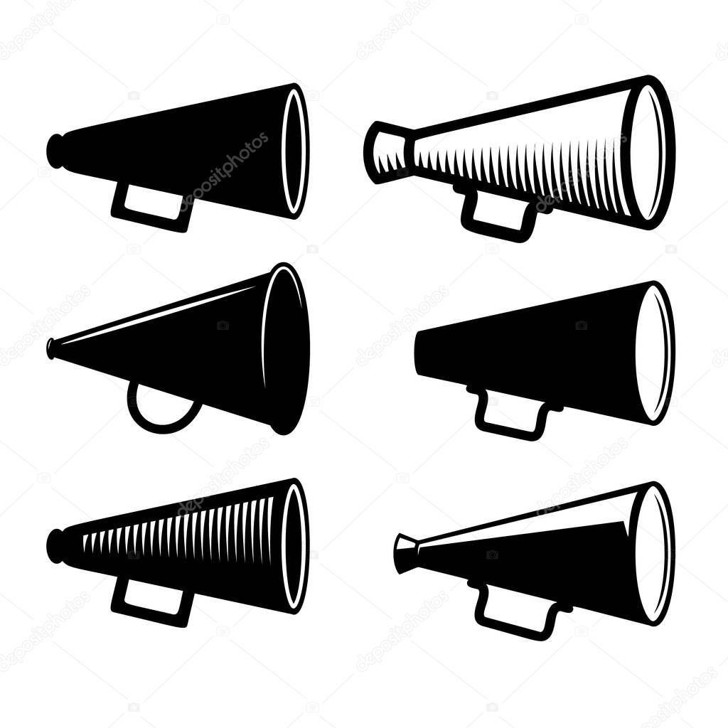 Set of megaphone illustrations in engraving style. Design element for poster, emblem, sign, logo. Vector illustration
