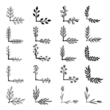 Çiçek desenli el çizimleri. Çiçek metin ayırıcıları. Tebrik kartı, tişört ve poster için tasarım elemanı. Vektör illüstrasyonu