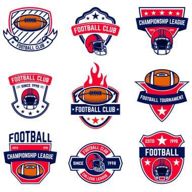 Amerikan futbol amblemleri seti. Poster, tişört, logo, amblem ve işaret için tasarım elemanı. Vektör illüstrasyonu