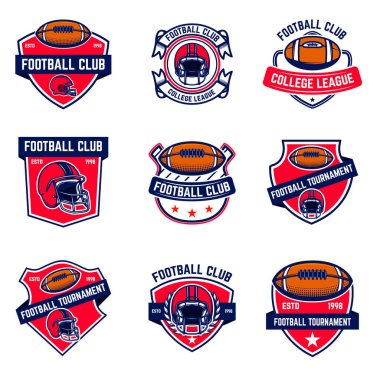Amerikan futbol amblemleri seti. Poster, tişört, logo, amblem ve işaret için tasarım elemanı. Vektör illüstrasyonu