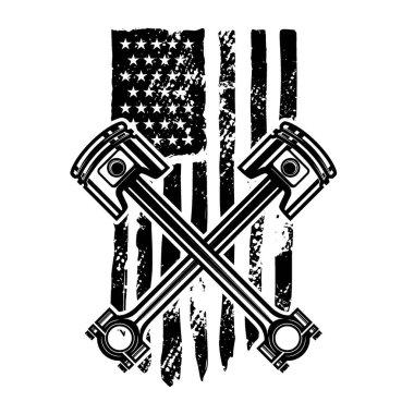 Amerikan bayrağı arkaplanında çapraz pistonlar. Logo, amblem, işaret, poster ve tişört için tasarım elemanı. Vektör illüstrasyonu