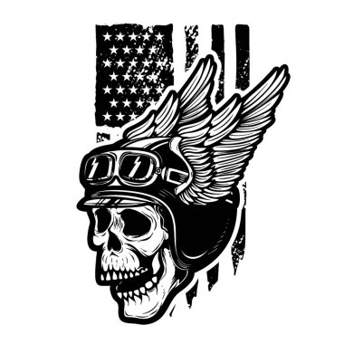 Amerikan bayraklı arka planda kanatlı motosiklet kasklı bir kafatası. Logo, amblem, işaret, poster ve tişört için tasarım elemanı. Vektör illüstrasyonu