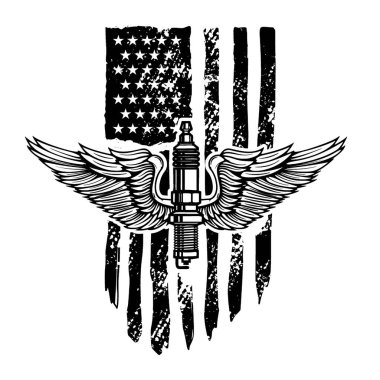 Amerikan bayrağının arka planında kanatlı buji var. Logo, amblem, işaret, poster ve tişört için tasarım elemanı. Vektör illüstrasyonu