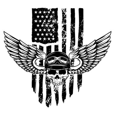 Amerikan bayrağı arka planında kanatlı miğferli bir kafatası. Logo, amblem, işaret, poster ve tişört için tasarım elemanı. Vektör illüstrasyonu