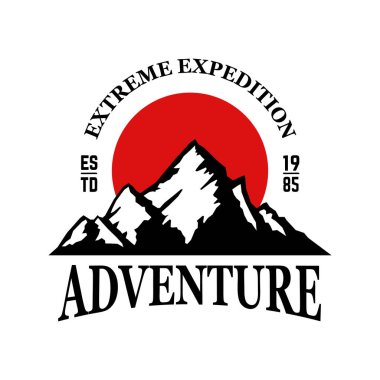 Macera. Dağ amblemi. Logo, amblem, işaret, poster ve tişört için tasarım elemanı. Vektör illüstrasyonu