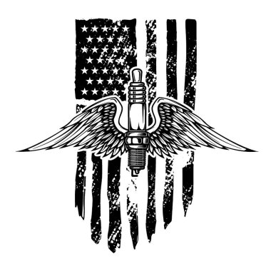 Amerikan bayrağının arka planında kanatlı buji var. Logo, amblem, işaret, poster ve tişört için tasarım elemanı. Vektör illüstrasyonu