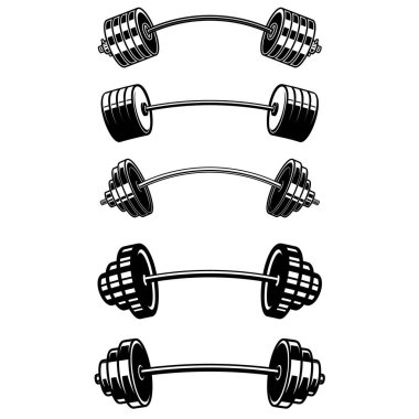 Monokrom tarzında fitness halterleri seti. Logo, amblem, işaret, poster ve tişört için tasarım elemanı. Vektör illüstrasyonu