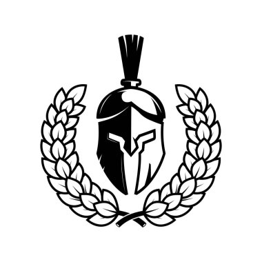 Şöhret çelenkli Spartalı miğfer. Logo, amblem, işaret, poster ve tişört için tasarım elemanı. Vektör illüstrasyonu